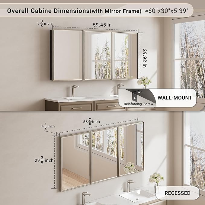 Pre-Assembled Surface or Recessed Medicine Cabinet Mirror-60x30 Brushed Nickel Bathroom Medicine Cabinet with Mirror & Rustproof Aluminum Frame, Beveled Bathroom Vanity Mirror with Storage