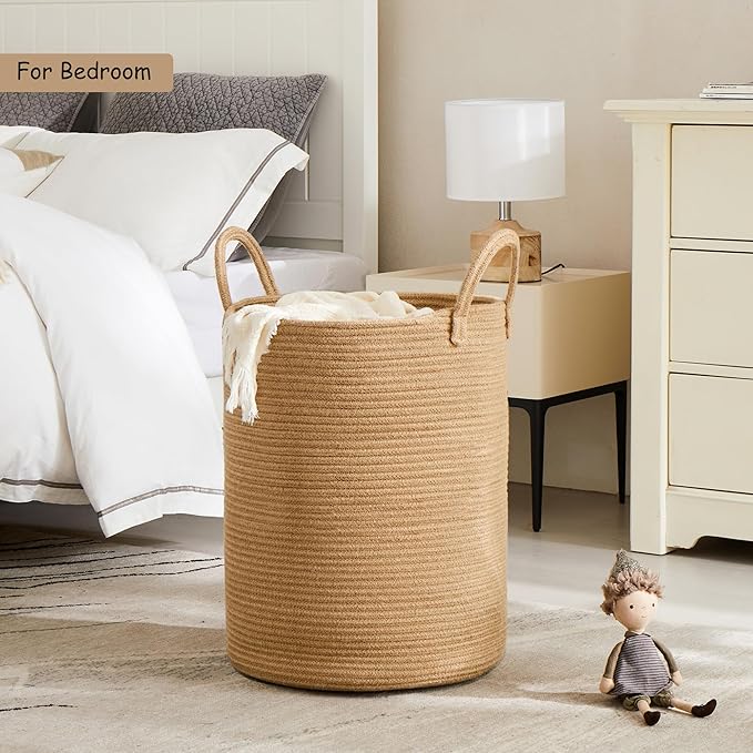 15Dx20H inches Jute Woven Hamper Laundry Basket Wicker Rope Clothes Hamper for Baby Nursery Kids Tall Rattan Blanket Basket in Living Room Bedroom 62L Large Capacity