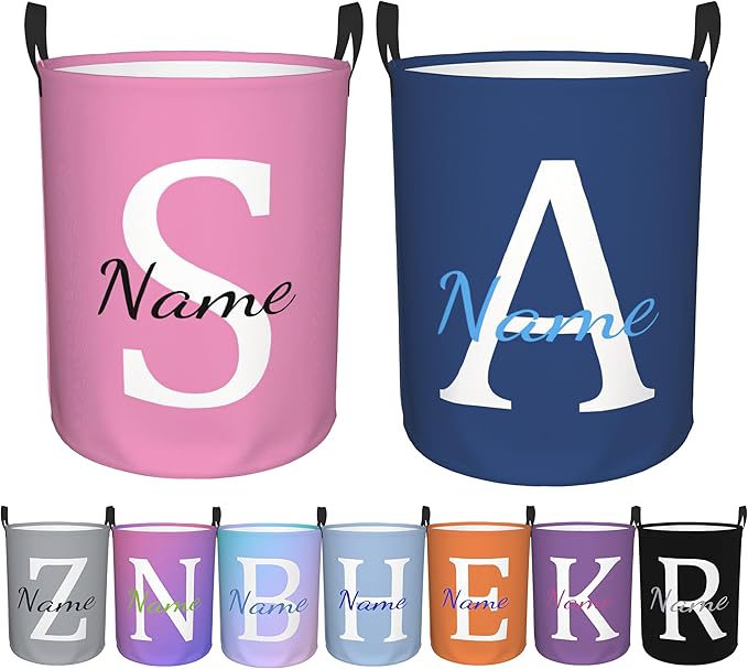 Personalized Laundry Basket Custom Name Dirty Clothes Storage Basket with Handles, Customized Name Circular Foldable Hamper with Handles for Baby Boys Girls Men Women(S)