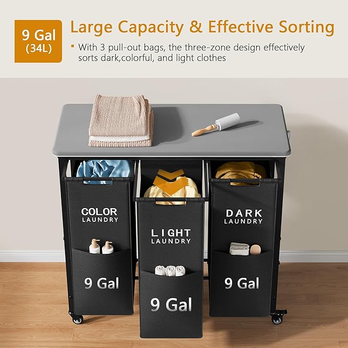 Gewudraw 3 Section Laundry Sorter with Ironing Board, Laundry Hamper with Removable Bags, Heavy Duty Rolling Laundry Cart with Lockable Wheels for Bathroom Bedroom, black