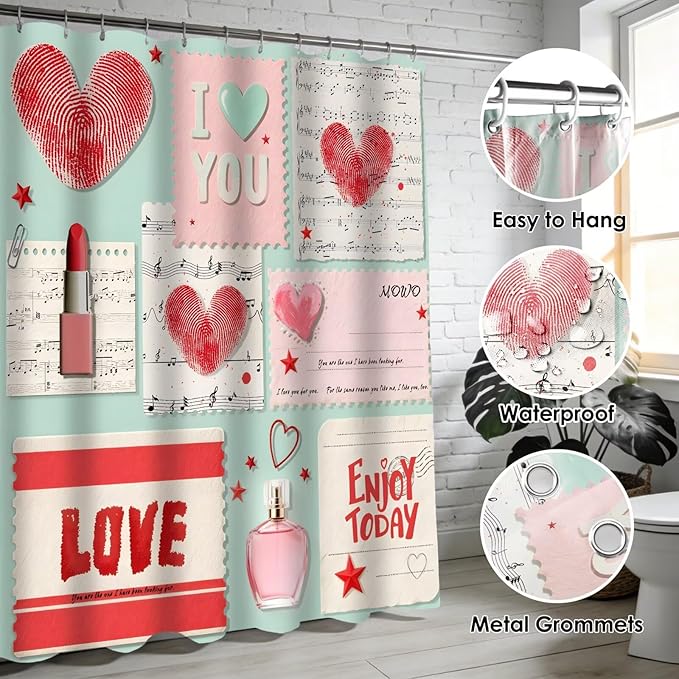 DDQQ 4Pcs Valentine's Day Shower Curtain Set Love Letter Post Office Bathroom Sets Modern Shower Curtain Set for Bathroom Sets with Rugs Red Love Shower Curtain with 12 Hooks