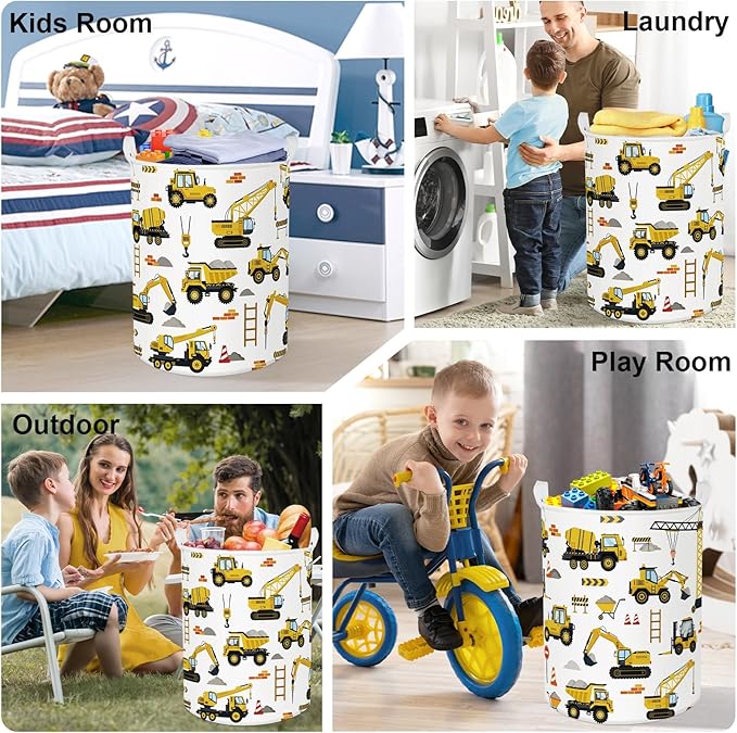 Cars Laundry Hamper Cartoon Vehicle Large Storage Basket Collapsible Parents Organizer Boy Toy Clothes Bins for Bedroom, Bathroom, Engineering, 63L