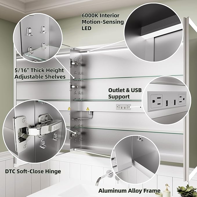 LED Medicine Cabinet Mirror, 36 x 30 Inch Inch Bathroom Storage, Recessed/Wall Mount, Plug-in/Hardwired, 3 Color Dimmable Light, Anti-Fog, Time Temp Display