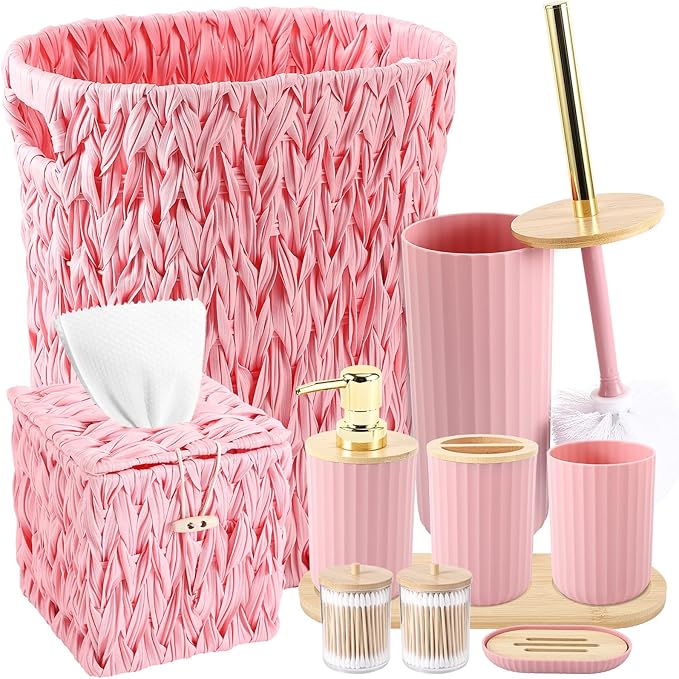 Bathroom Accessory Set, 10 Pieces Bath Set- Wicker Trash Can Tissue Box Soap Dish Toothbrush Holder Rinse Cup Lotion Bottle Toilet Brush Qtip Holder - Practical Bathroom Decor Sets (Pink, Bath Set)