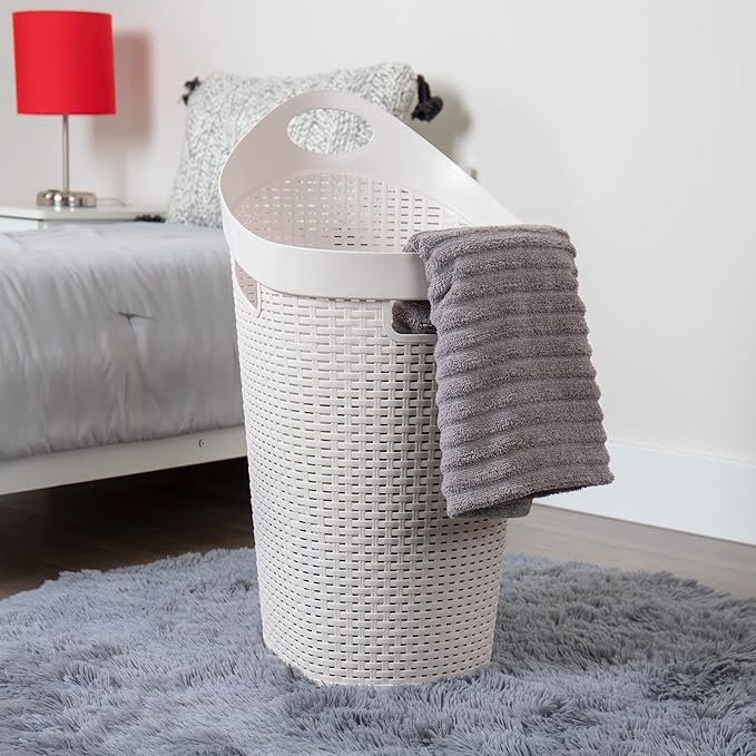 Mind Reader 60L Rolling Laundry Hamper, Clothes Basket, Wheels, Wicker Style, Plastic, 19.5"L x 14.75"W x 29.25"H, Ivory