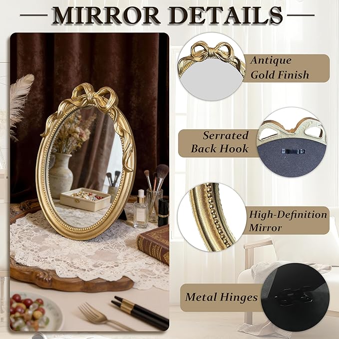Vintage Vanity Desk Mirror - 13x10 Inch Wall-Mounted & Tabletop Decorative Ornate Gold Accent Retro Makeup Mirror for Bedroom Dresser Bathroom Living Room Dorm Oval