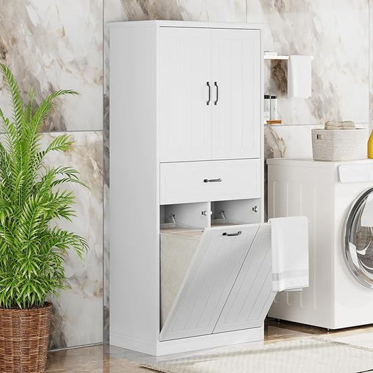 Virubi Tall Bathroom Storage Cabinet with 2 Tilt Out Laundry Hamper, Wood Bathroom Laundry Cabinet with Doors and Drawer for Home, Laundry Baskets, Adjustable Shelves, Freestanding