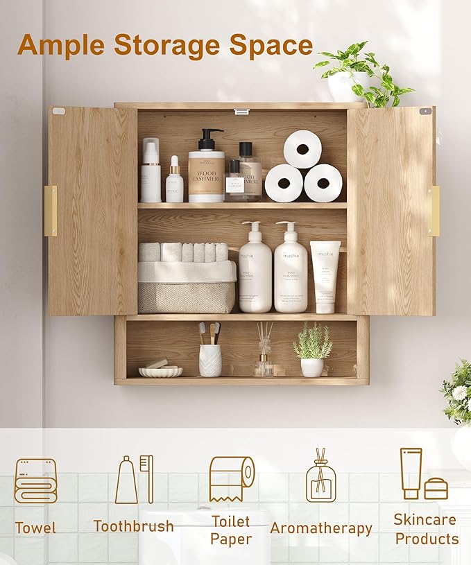 Keehusux 27.6" H Bathroom Wall Storage Cabinet with 2 Fluted Doors, Modern Wall Mounted Bathroom Cabinet with Adjustable Shelf, Curved Profile Medicine Cabinet for Kitchen, Living Room, Natural Oak