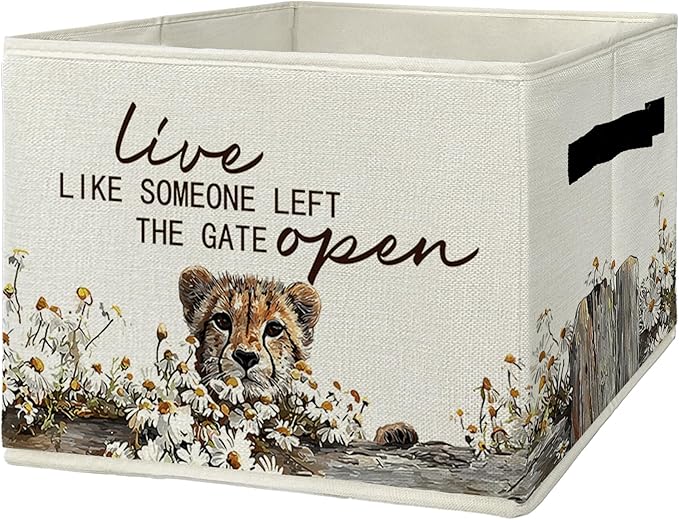 Rustic Cheetah Storage Bins & Boxes with Handles, Farmhouse Leopard Foldable Basket for Organizing, Live Like Someone Left the Gate Open Collapsible Storage Basket for Bedroom Bathroom Clothes