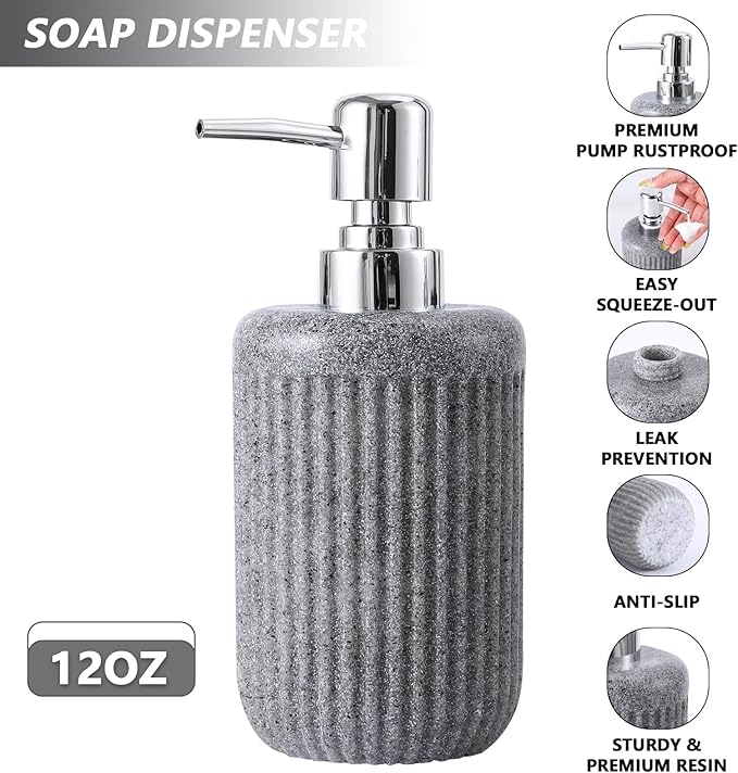XLHOMO Resin Grey Bathroom Accessories Set 5 Pcs, Lotion Soap Dispenser, Toothbrush Holder, Bathroom Tumbler, Qtip Holder and Vanity Tray, Bathroom Countertop Organizer Set for Modern Home Apartment