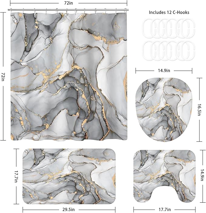 4PCS Grey Marble Bathroom Sets with Shower Curtain and Rugs, Abstract Shower Curtain Sets with Rugs, Gold Bathroom Curtains Shower Set with Toilet Lid Cover Accessories