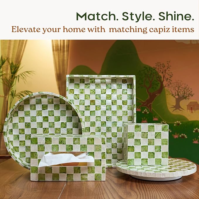 CHI AN HOME 5.7" Square Tissue Box Cover, Handmade Checkered Cube Tissue Box Cover with Capiz Shells, Decorative Tissue Holder for Living Room, Bathroom, Bedroom or Office (Pistachio Green)