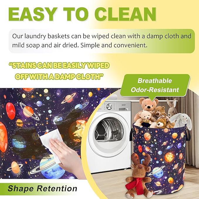 Planet Laundry Basket Funny Space Galaxy Foldable Waterproof Oxford Cloth Tote Bag Laundry Hamper Round Large Clothes Storage Bucket Toy Organizer For Bathroom/Laundry Storage/Bedroom 18.9x16.5 Inch