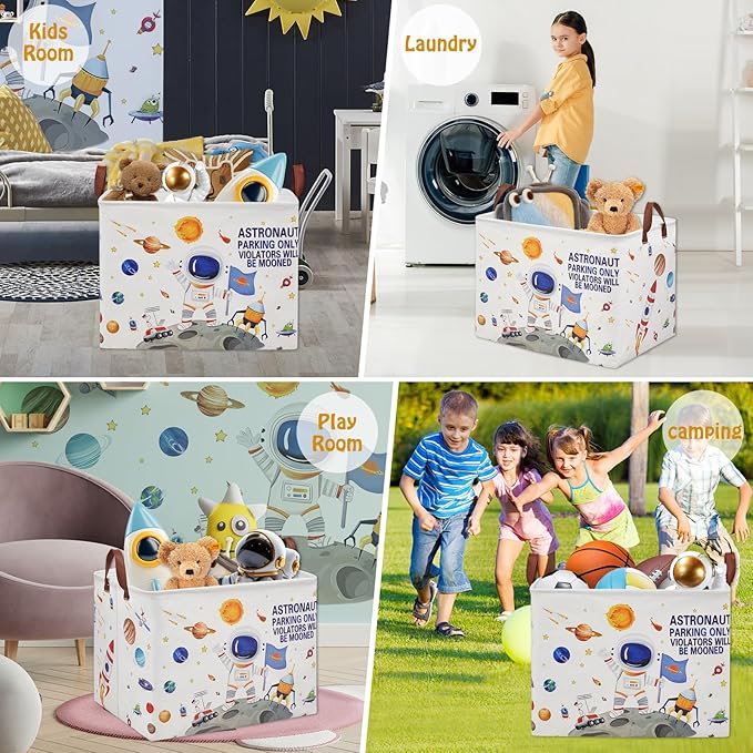 Outer Space Astronaut Nursery Basket with Inspirational Quotes ,Boy Planets Rocket Storage Bin for Baby Nursery Kids Bedroom Playroom Decor,Cute Shelf Basket Toy Box Bin (white)