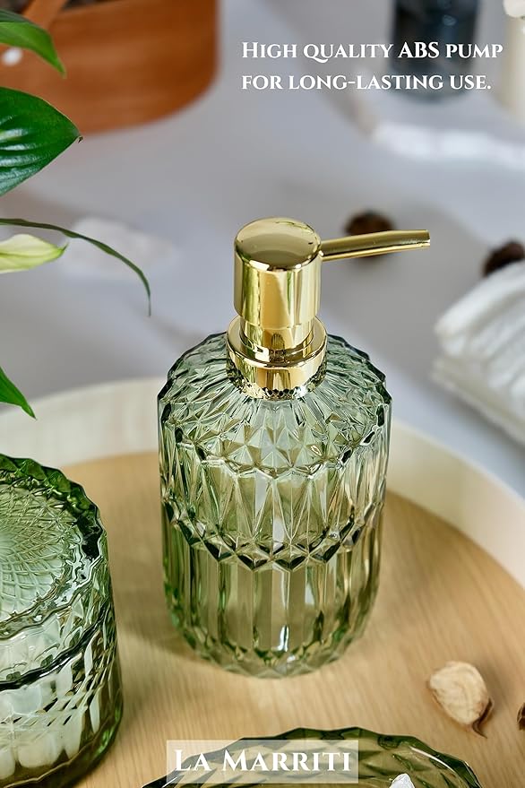 LaMarriti 4pcs Glass Bathroom Accessories Set, Clear Green Bathroom Soap Dispenser Set, Toothbrush Holder, Soap Dish, Soap Dispenser, Qtips Holder Set for Crystal Vintage Bath Decor (Green)