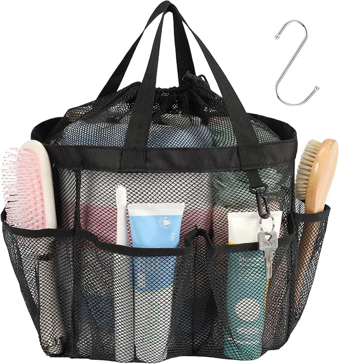 F-color Mesh Shower Caddy Portable with Drawstring - 8 Deeper Pockets 2 handles College Dorm Room Essentials for Girls Guys, Shower Caady Dorm Bag Tote for Camping Gym Travel Toiletry Bathroom, Black
