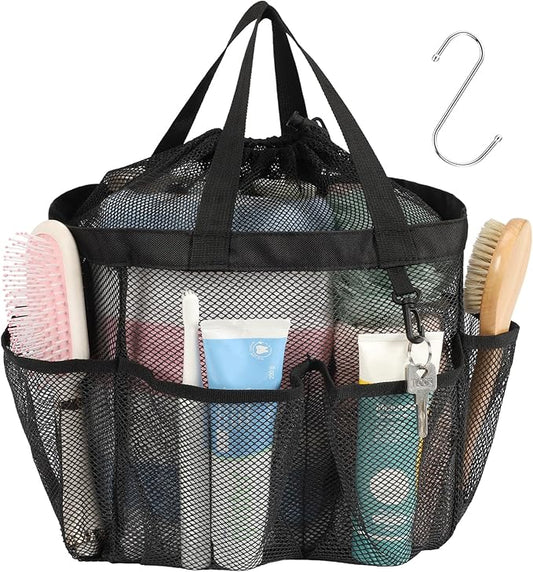 F-color Mesh Shower Caddy Portable with Drawstring - 8 Deeper Pockets 2 handles College Dorm Room Essentials for Girls Guys, Shower Caady Dorm Bag Tote for Camping Gym Travel Toiletry Bathroom, Black
