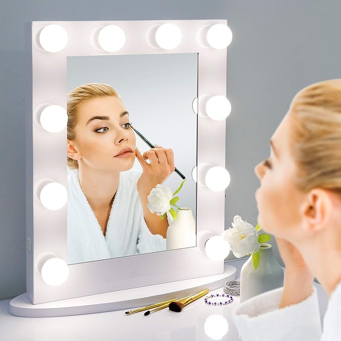 ZENY Makeup Mirror Vanity Mirror with Lights, Tabletop Hollywood Mirror with 10 Replaceable Bulbs, Bedroom Mirrors for Vanity, 4-Color Lights, Metal Frame, 25.6''x20'' White Lighted Mirror