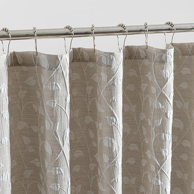 SLEEP ZONE Farmhouse Jacquard Shower Curtain, Textured Fabric Shower Curtains Leaf Curtain for Modern Home Decorations Bathroom, 72" × 78" Beige Leaf