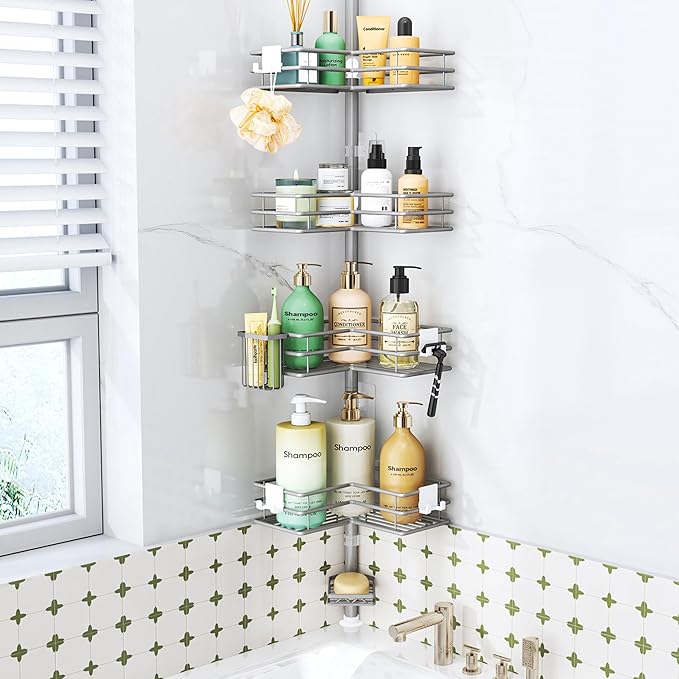 HapiRm Corner Shower Caddy Organizer - Shower Organizer Corner with Soap Holder, Toothbrush Holder and 4 Hooks, Rustproof Bathroom Shelf Tension Pole Available for 27.6 to 108.3 Inch - Silver