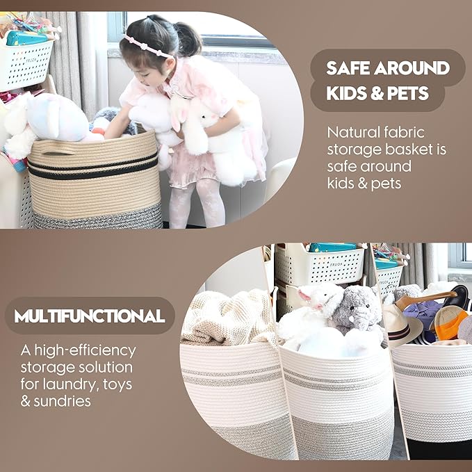 Sea Team Large Size Cotton Rope Woven Storage Basket with Handles, Laundry Hamper, Fabric Bucket, Drum, Clothes Blankets Organizer for Kid's Room, 18 x 20 inches, Round Open Design, White & Khaki