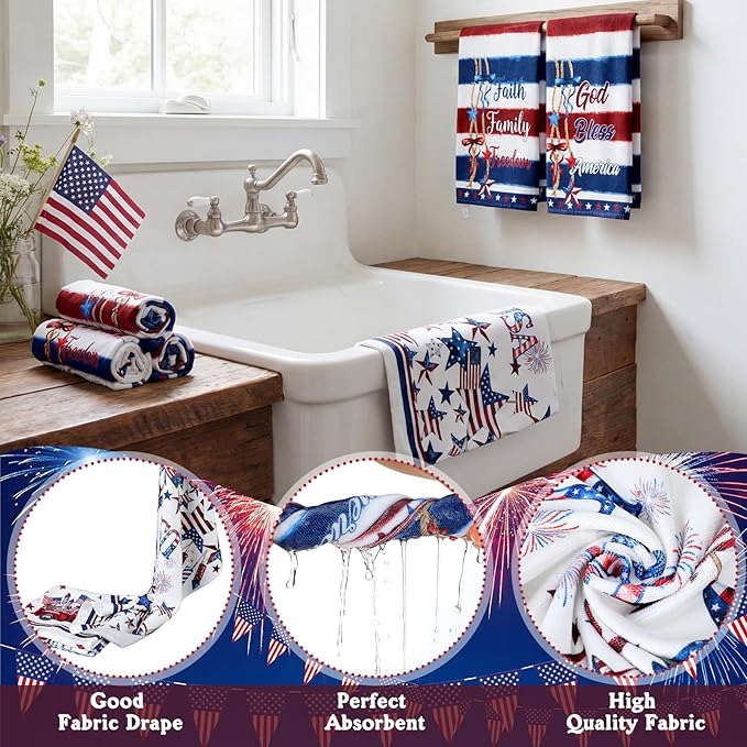 FuWeave 8 Pcs 4th of July Shower Curtain Set for Patriotic Bathroom Decor Include Red White and Blue American Flag Star Pattern Shower Curtain Towel Non Slip Rug Toilet Lid Cover Bath Mat and 12 Hooks