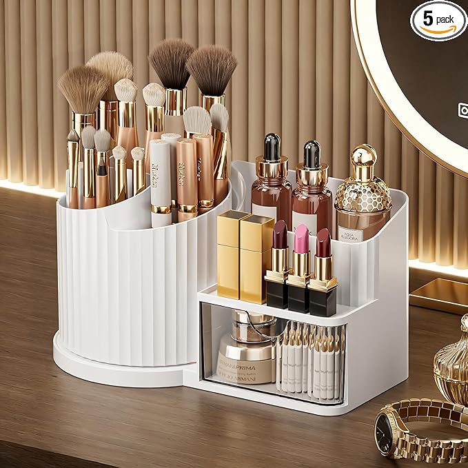 Anyoifax 360 Rotating Makeup Brush Holder Organizer with Drawer 5 Slots Make Up Brushes Cup Flower-Shaped Spinning Pen Holder for Vanity, Cosmetics, Lipsticks, White