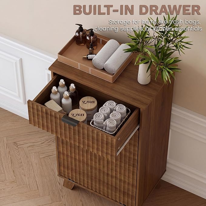 Double Tilt Out Laundry Hamper Cabinet, 20 Gallon Wooden Trash Can Cabinet with Storage Drawers, Hidden Fluted Garbage Can Holder for Kitchen, Living Room (Walnut Wood, 20.47"W x 35.83"H x 13"D)