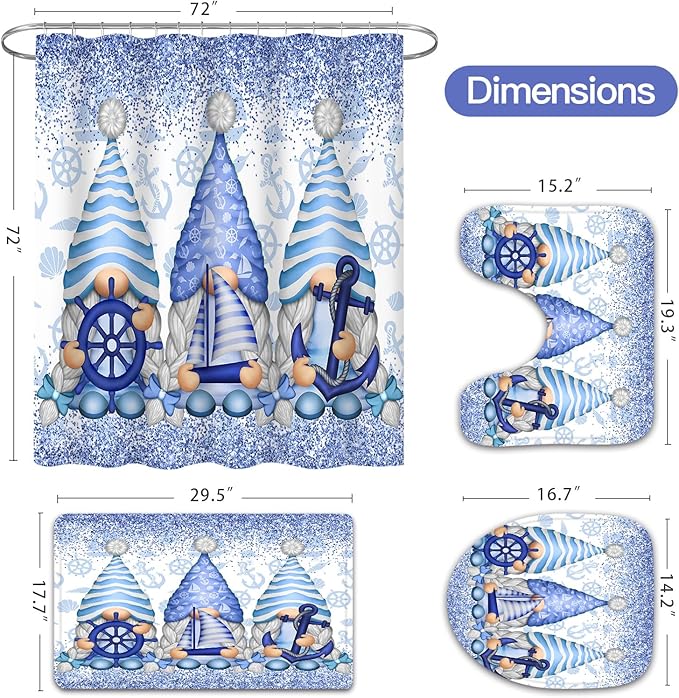 Litabel 4 Pcs Winter Gnomes Shower Curtain Set with Non-Slip Rugs, Toilet Lid Cover and Bath Mat, Nautical Marine Bathroom Decor Set with Shower Curtain and Rugs(Hooks Not Included)