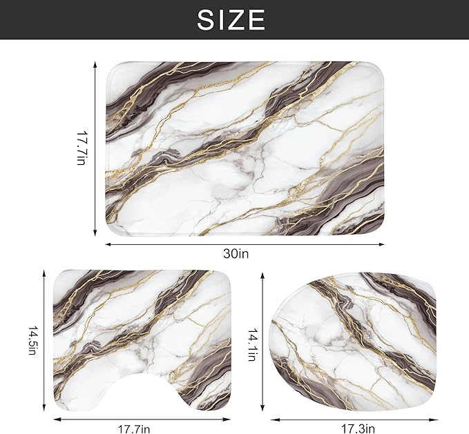 Newsely 4Pcs White Marble Shower Curtain Set with Non-Slip Rugs, Toilet Lid Cover and Bath Mat,Abstract Modern Gold Ombre Grey Shower Curtain with 12 Hooks,Crack Line Bath Curtain for Bathroom Decor