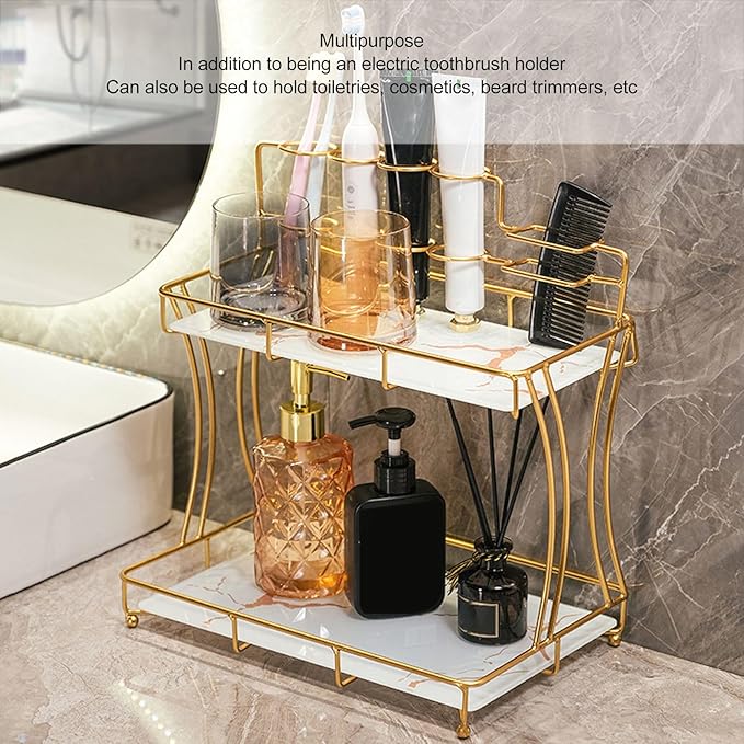 Double Layer Countertop Storage Rack, Bathroom Countertop Organizer with Electric Toothbrush Holder, Iron and Glass Counter Shelf for Toiletries and Cosmetics (White Background Gold Grain)