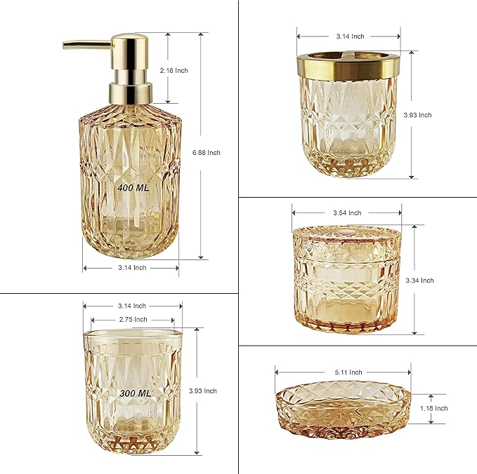 LaMarriti Clear Gold Bathroom Accessorries Set, 5Pcs Glass Bathroom Accessories, Lotion Soap Dispenser, Toothbrush Holder Set, Soap Dish, Tumbler, Qtips Holder for Bathroom Vanity Decor, Yellow Gold