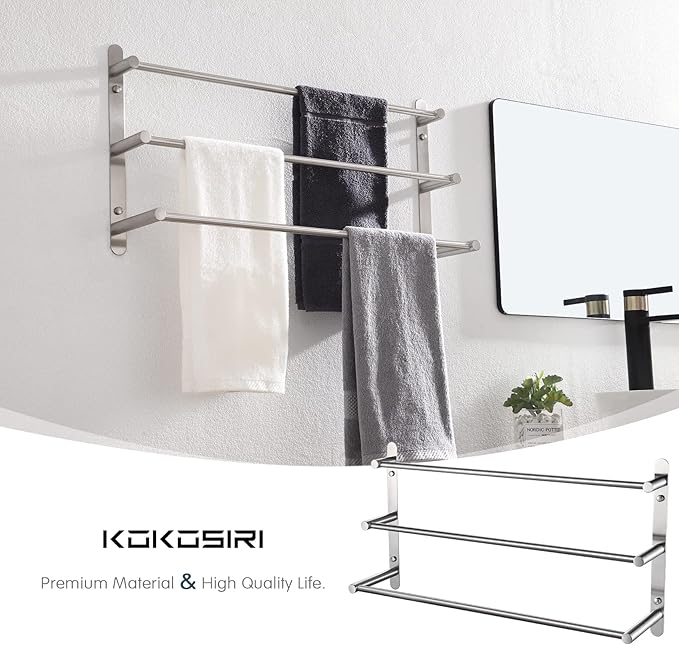 KOKOSIRI Bath Towel Bars Stainless Steel Bathroom 3-Tiers Ladder Towel Rack Wall Mount Towels Shelves, Brushed Nickel, B5002BR-L24