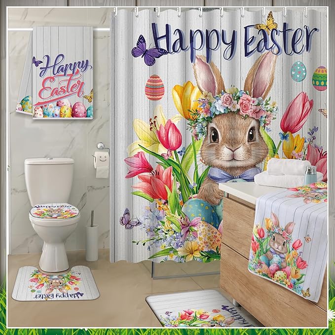 Nuanchu 6 Pcs Easter Shower Curtain Set with Rug Happy Easter Bunny Bathroom Sets with Shower Curtain Bath Mat U Shaped Mat Toilet Lid Cover 2 Bath Towels and 12 Hooks Rabbit Flower Bathroom Decor
