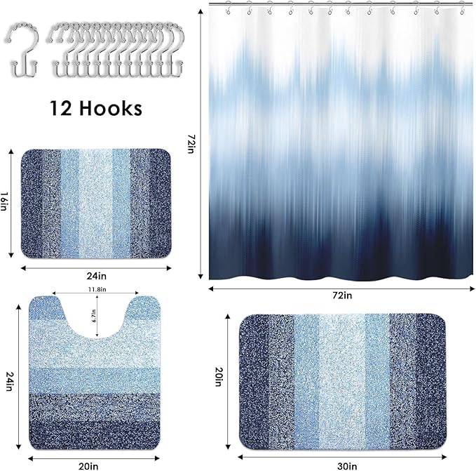 Britimes Navy Blue Stripes Bathroom Sets with Shower Curtain and Rugs, Ombre Modern Abstract Waterproof Shower Curtain Liner and Soft Non Slip Bath Mat for Bathroom Decor and Accessories Hooks