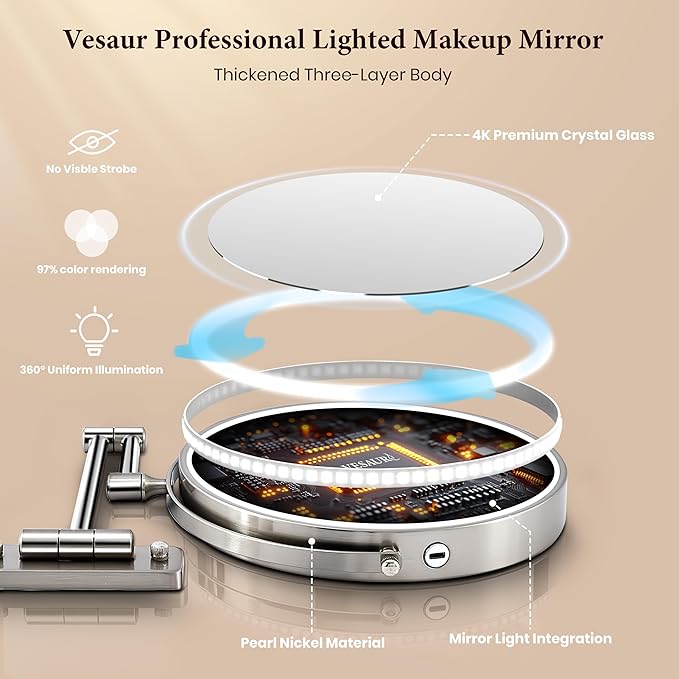 9" Large Wall Mounted Lighted Makeup Mirror, 5000mAh Rechargeable 1X/15X Magnifying Mirror with 3 Color Lights Touch Dimmable, Extended Arm 360° Rotation Bathroom Wall Mounted Makeup Mirror, Nickel