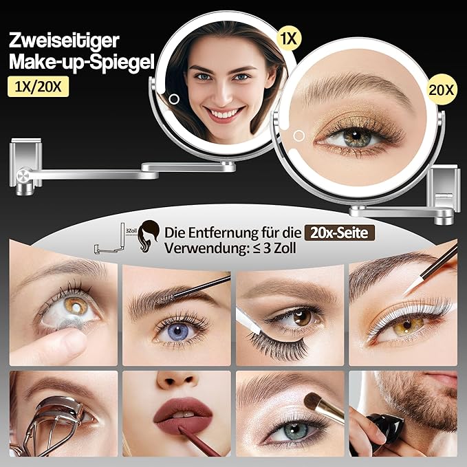 MOMOKUBA Wall Mounted Makeup Mirror, Aluminum Alloy Magnifying Mirror with Light 20X/1X Double-Sided, Height Adjustable, 3 Colors Led Vanity Mirror with Lights, Moisture & Corrosion Resistant Bathroom