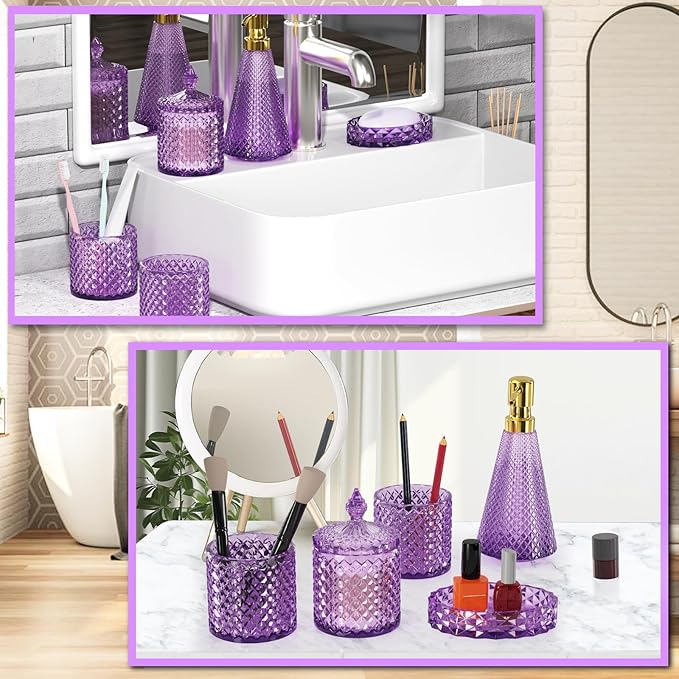 Purple Glass Bathroom Accessories Set 5 Pcs, Purple Bathroom Set, Soap Dispenser and Toothbrush Holder Set, Qtip Holder Set, Vintage Bathroom Sink Set, Cute Bathroom Decor