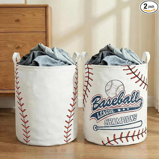 2Pcs Basketball Cute Kids Laundry Basket Baby Nursery Hamper Boys Room Decor Foldable Oxford Cloth Funny Tote Clothes Storage Bucket Organizer For Bedroom (Baseball)