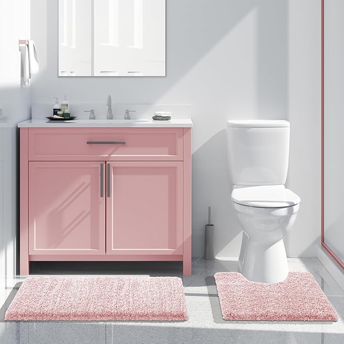 Yimobra Bath Rugs For Bathroom 32x20, Ultra Soft and Water Absorbent Bath Mats, Non Slip Plush Shower Mat Outside, Microfiber Thick Matts for Bathroom Floor/Tub, Machine Washable, Light Pink and White