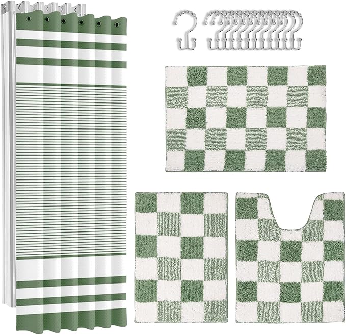 Britimes Sage Green Bathroom Sets with Shower Curtain and Rugs, Modern Striped Checkerboard Waterproof Shower Curtain Liner and Soft Non Slip Bath Mat for Bathroom Decor and Accessories Hooks