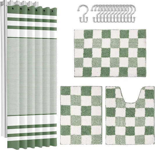 Britimes Sage Green Bathroom Sets with Shower Curtain and Rugs, Modern Striped Checkerboard Waterproof Shower Curtain Liner and Soft Non Slip Bath Mat for Bathroom Decor and Accessories Hooks