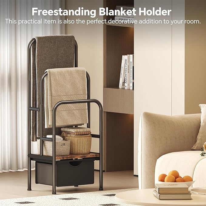 Homeiju Standing Towel Racks for Bathroom, Blanket Ladder, 3-Tier Towel Drying Rack, 15.6" L x 11.8" W x 41.7" H, Blanket Holder for Bedroom, Living Room,Rustic Brown
