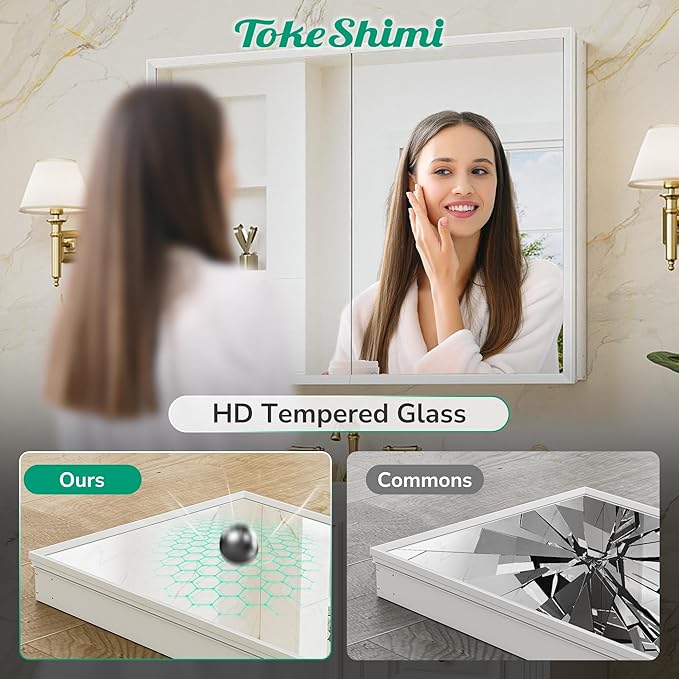 TokeShimi 30 x 26 White Recessed Medicine Cabinet with Mirror, Assembly Required, Bathroom Medicine Cabinet with Mirror, Stepless Adjustable Shelves, Beveled Aluminum Frame, DTC Hinge