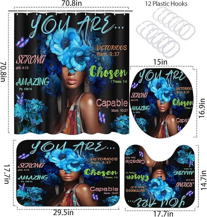 Black African Flower Woman Shower Curtain Set, Blue Art Words Bathroom Set with Shower Curtain and Rugs, Toilet Lid Cover, Bath Mat,Waterproof Fabric Shower Curtains and Hooks for Bathroom