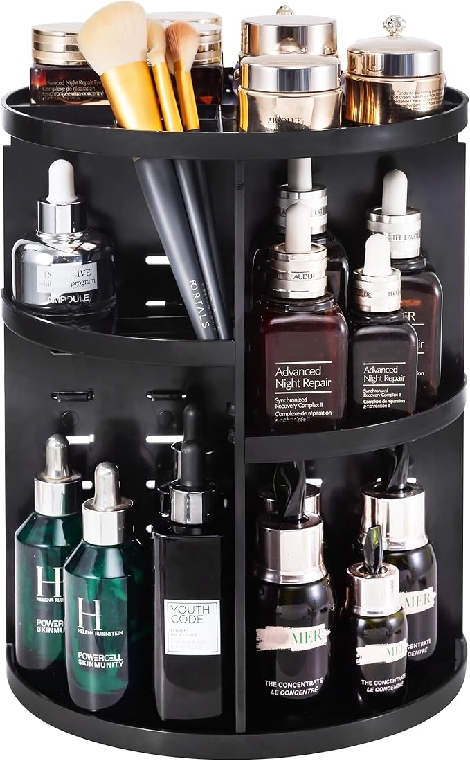 seinlife 360 Rotating Makeup Organizer,DIY Adjustable Spinning Holder,Foldable Cosmetic Storage Display box,Large Capacity Make up Caddy Shelf,Fits Countertop Vanity and Bathroom (BLACK)