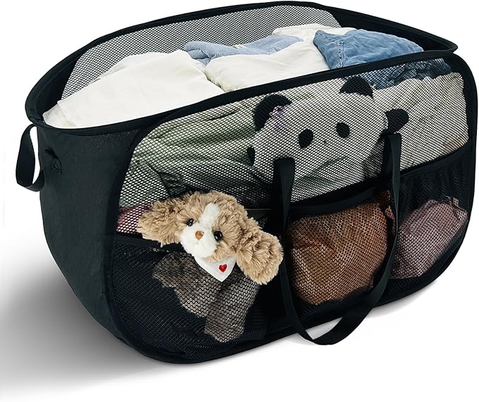 100L Extra Large Mesh Pop Up Hamper with Handles and bag, Upgraded Cationic XL Collapsible Laundry Baskets, Portable Stair Basket, Dirty Clothes Hamper for Cruise Travel Bedroom. Black