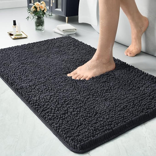 LOCHAS Luxury Bathroom Rug Shaggy Bath Mat 24 x 36 Inch, Washable Non Slip Bath Rugs for Bathroom Shower, Soft Plush Chenille Absorbent Carpets Mats, Dark Grey