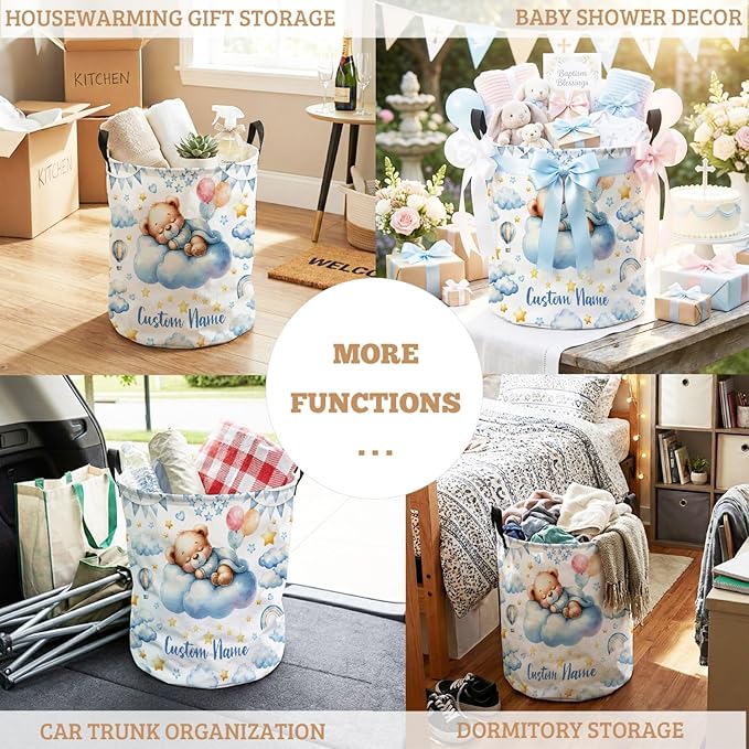 Personalized Bear Laundry Baskets,Custom Bear Gifts for Kids Boys Girls Adults Room,Collapsible Clothes Storage Organizer,16.5 X 13.8in