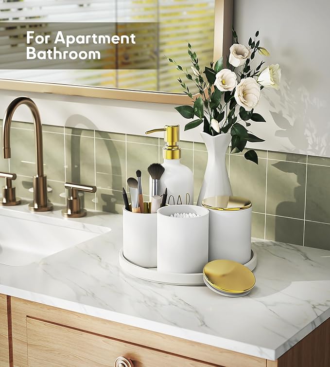 White Bathroom Accessories Set with Tray, 6pcs White and Gold Bathroom Accessory Sets, Glass Soap Dispenser and Toothbrush Holder Set, Qtip Holder, Ceramic Flower Vase, Bathroom Set Decor